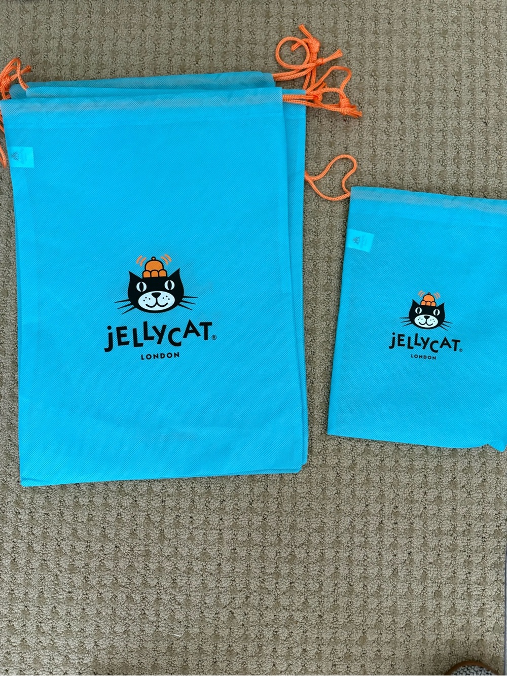 Jellycat Turquoise Drawstring Storage Bags with Orange Ties